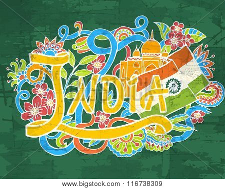 India art abstract hand lettering and doodles elements background. Vector illustration for colorful