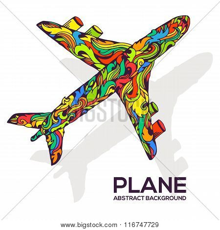 Art flying airplane with abstract colorful ornaments background. Vector decorative national template