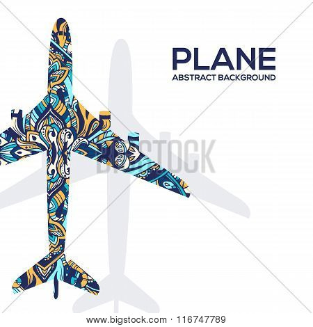 Art flying airplane with abstract colorful ornaments background. Vector decorative national template