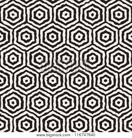 Vector Seamless Black And White Hand Painted Concentric Hexagon Line Geometric Honeycomb Pattern