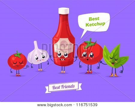 Set of ketchup characters. Vector cute cartoons