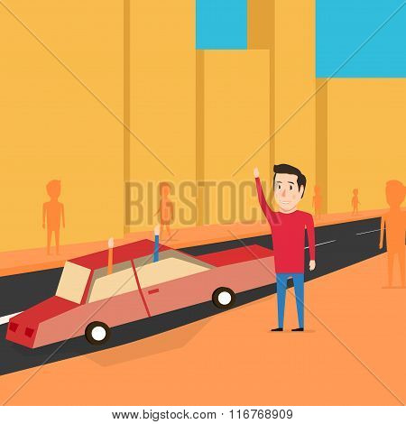 Man want to catch a transport. Greet friends
