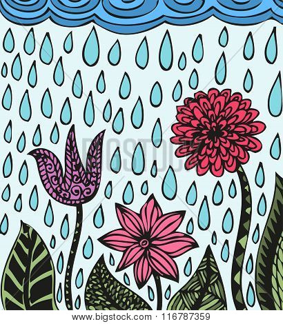 Colorful hand drawn flowers like aster, bellflower, dahlia and patterns