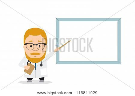 Doctor or PhD presentation with pointer near board. flat illustration