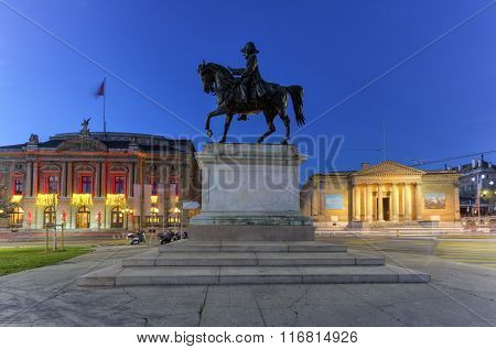 General Dufour statue, grand opera and Rath museum at place Neuve, Geneva, Switzerland