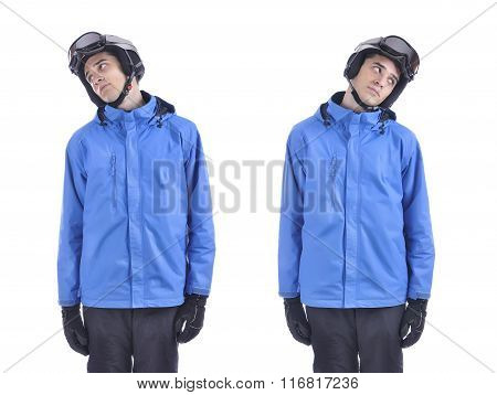 Skiier Demonstrate Warm Up Exercise For Skiing. Move The Head Sideways.