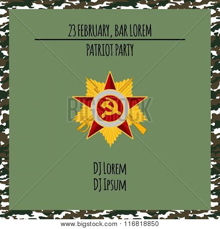 Patriot party poster with red star . Vector illustration. 23 february and Victory Day banner.