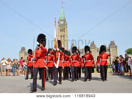 OTTAWA, CANADA - JULY 5, 2011: The Changing Guard Ceremony takes place at Parliament Hill in Ottawa, Canada. The ceremony is performed in every day in the summer months.