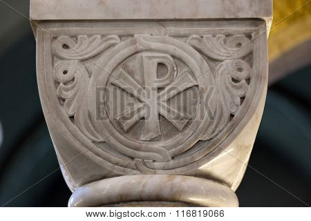 ZAGREB, CROATIA - JANUARY 31: Pax symbol on a pillar in the church of Saint Blaise in Zagreb, Croatia on January 31, 2015