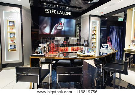 HONG KONG - JANUARY 26, 2016: Estee Lauder cosmetics store at Elements Shopping Mall. Elements is a large shopping mall located on 1 Austin Road West, Tsim Sha Tsui, Kowloon, Hong Kong