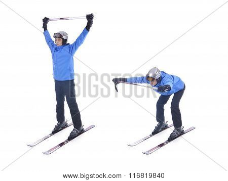 Skiier Demonstrate Warm Up Exercise For Skiing. Bend Forward With Sticks.