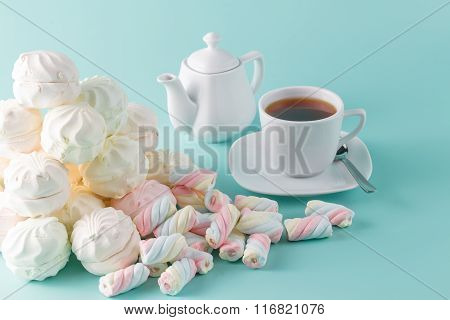 Lot Of Vibrant Marshmallow On Aquamarine Background