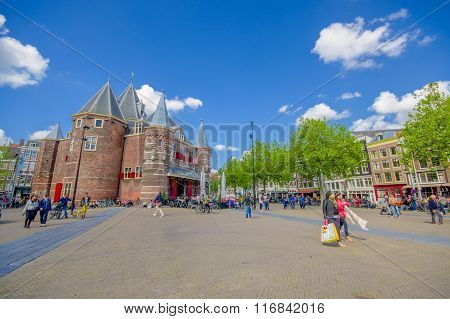 Amsterdam, Netherlands - July 10, 2015: The Waag, Weigh House, a remnant of former city walls