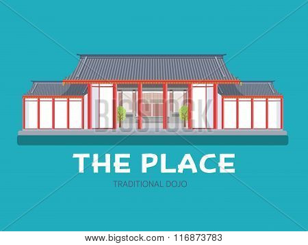 Japanese architecture house in flat design background concept. Japan traditional dojo place. Icons f