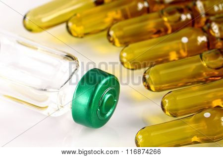 Sterile Vial and Ampule Filled with Medication Solution. An Injection Pharmaceutical Dosage Form.