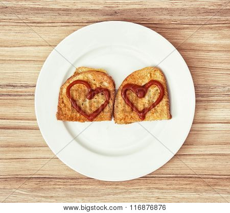 Two Fried Breads In The Egg With Hearts Of Ketchup, Valentine Food Theme