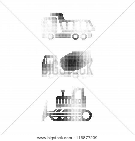 equipment on white tractor, grader, truck, truck mixer