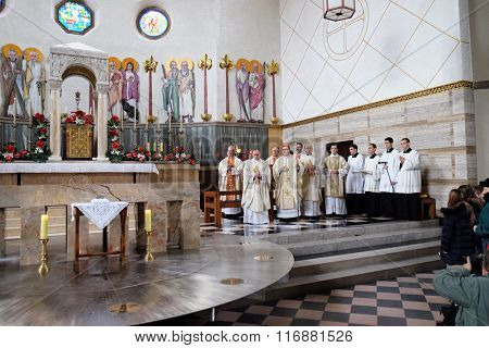 ZAGREB, CROATIA - JANUARY 31: Holy Mass, the consecration of the new altar, led by Cardinal Josip Bozanic, archbishop of Zagreb in the church of Saint Blaise in Zagreb, Croatia on January 31, 2015