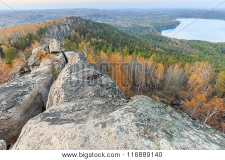 view from the top of mountain, golden autumn sunset