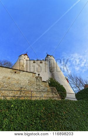THUN SWITZERLAND - JANUARY 1 2014: View on Thun Castle near stone steps. Thun Castle is a Castle Museum in the Thun city in Swiss canton of Bern where the Aare river flows out of Lake Thun