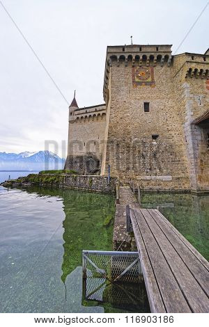 Clock Tower Of Chillon Castle On Lake Geneva Of Switzerland
