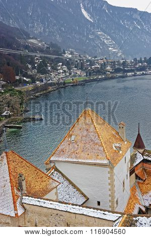 VEYTAUX SWITZERLAND - JANUARY 2 2015: View to Montreux from Chillon Castle Towers. It is an island castle on Lake Geneva (Lac Leman) in the Vaud between Montreux and Villeneuve.