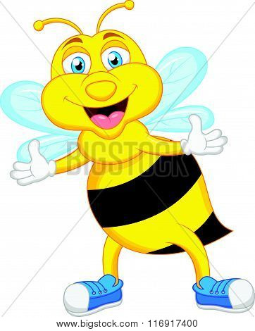 vector illustration of Bee cartoon flying wafing hand