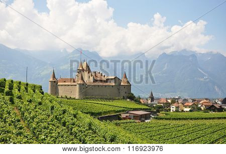 Chateau d'Aigle among vineyards. Switzerland