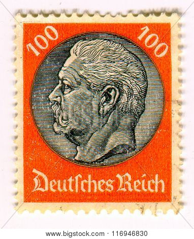 GOMEL,BELARUS - CIRCA FEBRUARY 2016: A stamp printed in Germany shows image of the Paul Ludwig Hans Anton von Beneckendorff und von Hindenburg, was a German  President of Germany, circa 1940.