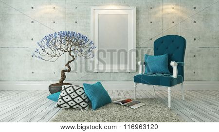 White Picture Frames With Blue Bergere And Concrete Wall, Background, Template Design