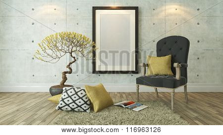 Black Picture Frames With Gray Bergere And Yellow Pillow Background, Template Design