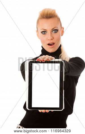 Woman Holding Tablet Computer With Blanck Screen For Commercial, Promotion, Advertising Message.