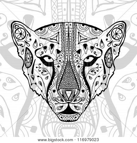 The black and white cheetah print with ethnic zentangle patterns. Coloring book for adults antistres