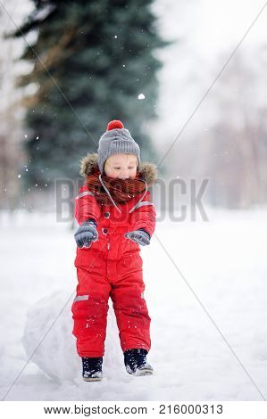 Little Boy In Red Winter Clothes Having Fun With Snowball