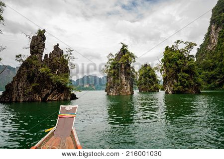 Island in the dam with tree from the boat view Southern of Thailand Surat Thani