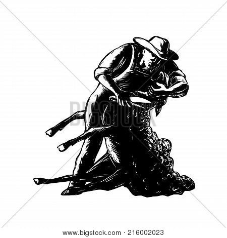 Retro woodcut style illustration of a farmer or shearer shearing sheep viewed from front on isolated background done in black and white.