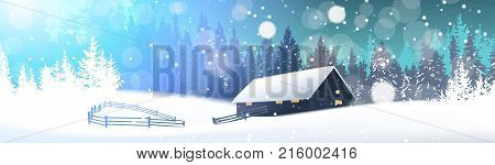 Winter Landscape With House In Snowy Forest Horizontal Banner Flat Vector Illustration