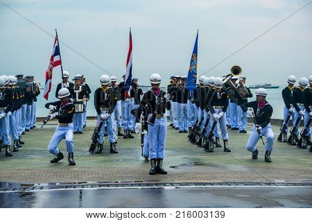 Pattaya Thailand - November 15 2017: Thai navy demonstating Fancy Drill in International Fleet Review 2017 at the beach of Pattaya Thailand.