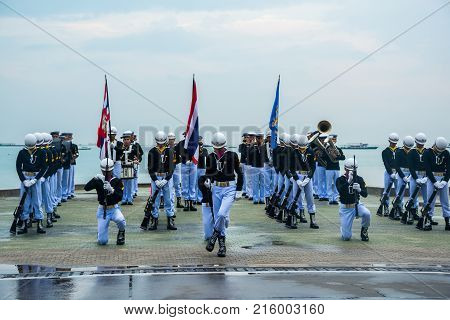 Pattaya Thailand - November 15 2017: Thai navy demonstating Fancy Drill in International Fleet Review 2017 at the beach of Pattaya Thailand.