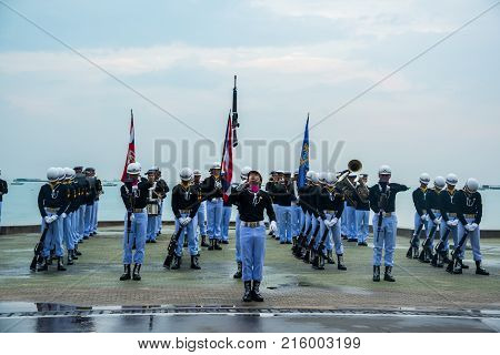 Pattaya Thailand - November 15 2017: Thai navy demonstating Fancy Drill in International Fleet Review 2017 at the beach of Pattaya Thailand.