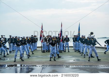 Pattaya Thailand - November 15 2017: Thai navy demonstating Fancy Drill in International Fleet Review 2017 at the beach of Pattaya Thailand.