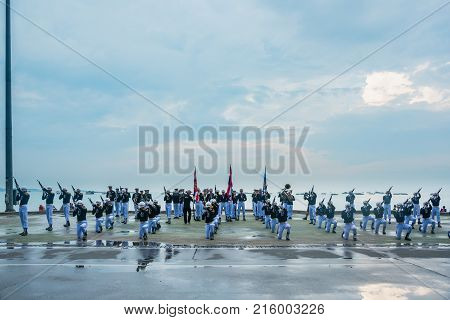 Pattaya Thailand - November 15 2017: Thai navy demonstating Fancy Drill in International Fleet Review 2017 at the beach of Pattaya Thailand.