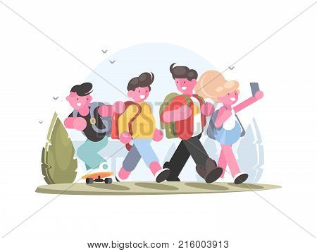 Friendly group of schoolchildren go in school to study. Vector illustration