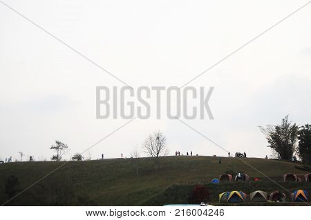 Travelers thai people travel with camping and rest in tent at top of mountain Doi Samer Dao and Pha Hua Sing 