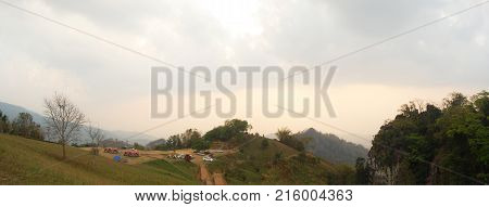 Travelers Thai People Travel With Camping And Rest In Tent At Top Of Mountain Doi Samer Dao