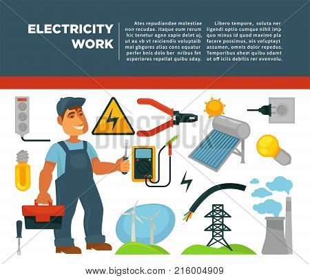 Professional electrician services promotional poster with man with toolkit, solar battery, wind generators, plant with smoke, new power sockets, bright bulbs and compact voltmeter vector illustration.