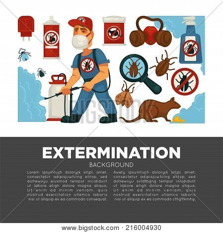 Extermination or pest control service and sanitary domestic disinfection vector flat design poster. Disinfector man with disinfectant liquid or gas spray against mouse rats, cockroaches and mite insects