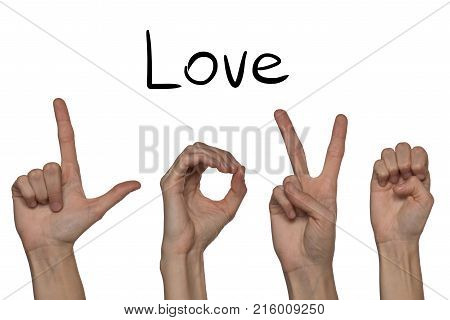 A word of love shown by hands in English on an alphabet for the deaf mute on a white background