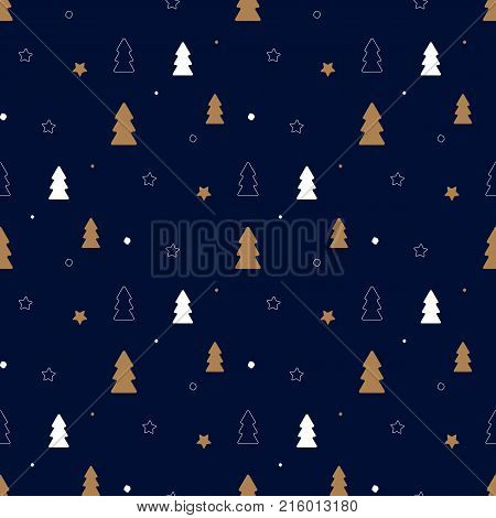 Vector seamless pattern on christmas theme with gold and white chritmas decorations on dark blue background.