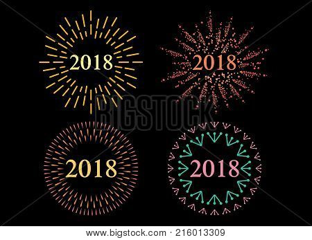 Happy New 2018 Year. Holiday Vector Illustration With Festive Typographic Composition. Happy New Year 2018 Label With Graphic Multicolored Firework Shape.